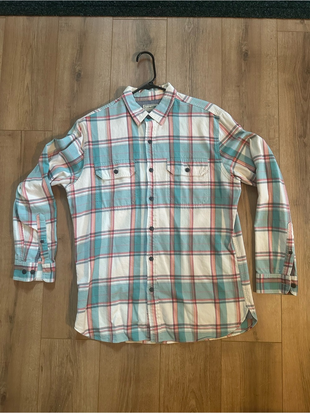 Men's L. L. Bean Plaid Long-Sleeve Button-Up Shirt - Teal / Red / White